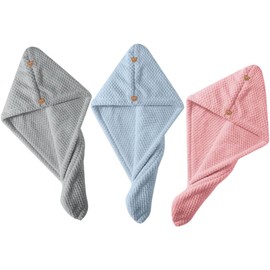 UKCOCO Toallas Absorbentes Cabello de Coral Fleece 3 Piezas, Secado Rápido y Portátil, Turbantes para Cabello Mojado en Colores Rosa, Gris y Azul