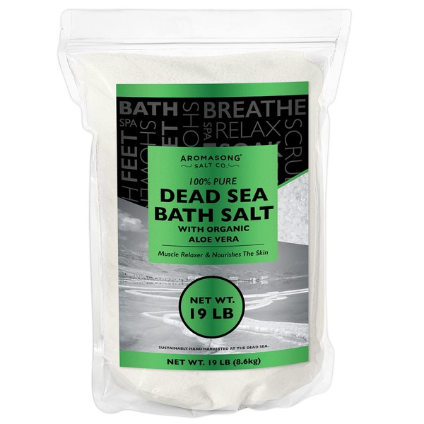 Dead Sea Salt with Organic Aloe Vera, Spa Bath Salts, 19 Lbs Fine Grain Large Bulk resealable Pack, 100% Pure & Natural, Used for Body wash Scrub, Soak for Women & Men for Tired Muscles & Skin Issues