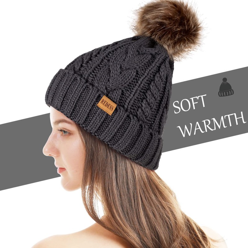 REDESS Women Winter Pompom Beanie Hat with Warm Fleece Lined,