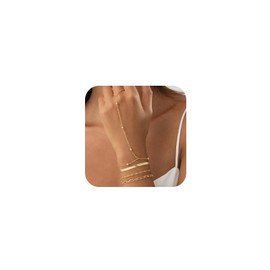 Dainty Gold Finger Ring Hand Chain Bracelet Stackable for Women, Statement Silver Beads Snake Chains Paperclip Bracelets Trendy Y2K Prom Jewelry Gifts (Gold)