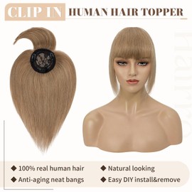 Hairro Clip in Human Hair Toppers with Bangs 100% Real Human Mono Base Hairpiece for Women Cover Grey White Thinning Hair Loss 150% Density (6 inch Light Brown)