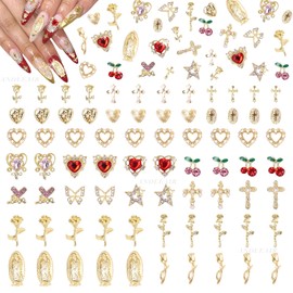 130 Pcs Gold Butterfly Star Nail Charms and Gems, Cross Star Nail Charm, Alloy Gold Cherry Flower Rose Pink Heart Nail Art Charms for Acrylic Nails DIY Y2K
