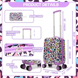 Homskiii Kids Carry on Luggage Set 5 Piece Kids Luggage with Wheels Backpack with Lunch Box 16" Toddler Suitcase for Girls Airline Approved (Rainbow Leopard)