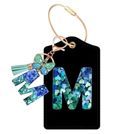 Initial Luggage Tag for Suitcase, Crystal Letter with Tassel Butterfly Keychains Leather Bag Tags, Identifiers Privacy Cover ID Label with Durable Steel Loop for Women Men Kids Travel, Green Letter M