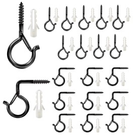 Pack of 20 Screw Hooks, 10 Screw Hooks + 10 90° Screw Hooks, Black Hooks for Screwing Hook Screws with Safety for Plant Baskets, Bird Feeders, Wind Chimes, Fairy Lights, with Expansion Tube