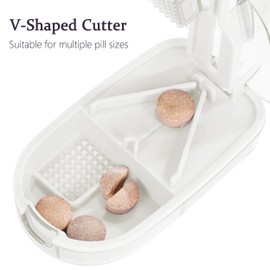 ColeMela Pill Cutter Splitter for Small and Tiny Pills, or Large Pills. V-Shaped Design for Multiple Sizes. Safety Blade Guard. Loss-Proof Built-in Small Brush & Sliding Door Pill Storage (Clear)