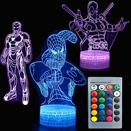 TEBOCR 3D Night Light Touch Table Desk Lamp Super Hero Three Pattern 7 Colors Optical Illusion Lights with Acrylic Flat & ABS Crack Base & USB Cable for Kids Children