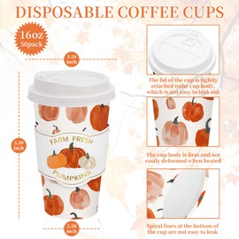 Whaline 50 Sets Fall Pumpkin Coffee Cups with Lids and Sleeves 16oz Pumpkin Paper Cup Disposable To Go Coffee Cup for Autumn Thanksgiving Party