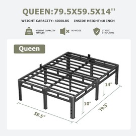 NKZ Queen Size Bed Frame 14 Inch, Metal Bed Frame & Box Spring 2 in 1 Platform with Round Corner Legs, 4000lbs Weight Capacity Reinforced Metal Frame, Headboard Hole, Noise-Free, Easy Assembly
