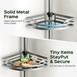 HAMITOR Shower Caddy Tension Pole：4-Tier Rustproof Bathroom Corner Shelf for Renters - 47-121inches Adjustable Bathtub Organizer with Soap Holder-large capacity rack for Shampoo Storage Home Accessory