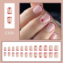 HEARSO 24 Pcs French Press on Nails Short Fake Nails Pink False Nails Red Heart Designs Glossy Full Cover Square Nails Stick on Nails Reusable Nails for Women Girls Valentines Nails, Style14