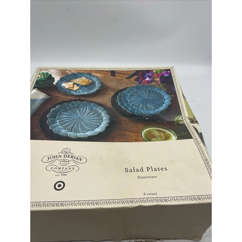 John Derian Blue Feather Scalloped Edge Stoneware Salad Plates 9"