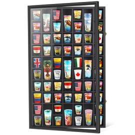 Black Shot Glass Display Case Large 61 Slots Glass Display Holder Wall Mounted Storage Shadow Box with UV Protection Acrylic Glass Door for Room Decor