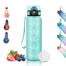 Drinking Bottle 1 Litre, Sports Water Bottle with Time Marking, Can Be Carried, Leak-Proof, Motivational Water Bottle, Bottle for Running, Camping, Hiking, Yoga, Green