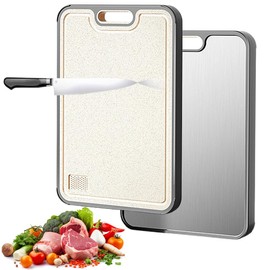 DASIAUTOEM Double-Sided Stainless Steel Chopping Board, Double-Sided Large Chopping Board, Stainless Steel Chopping Board for Meat, Vegetables, Meat, with Juice Slide and Non-Slip Handle, Dishwasher