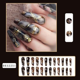 SUREGONAILS Coffin Press on Nails Long Fake Nails Black Marble Texture False Nails with Gold Line Rhinestones Designs Full Cover Stick on Nails Acrylic Artificial Nails for Women Glue on Nails 24Pcs