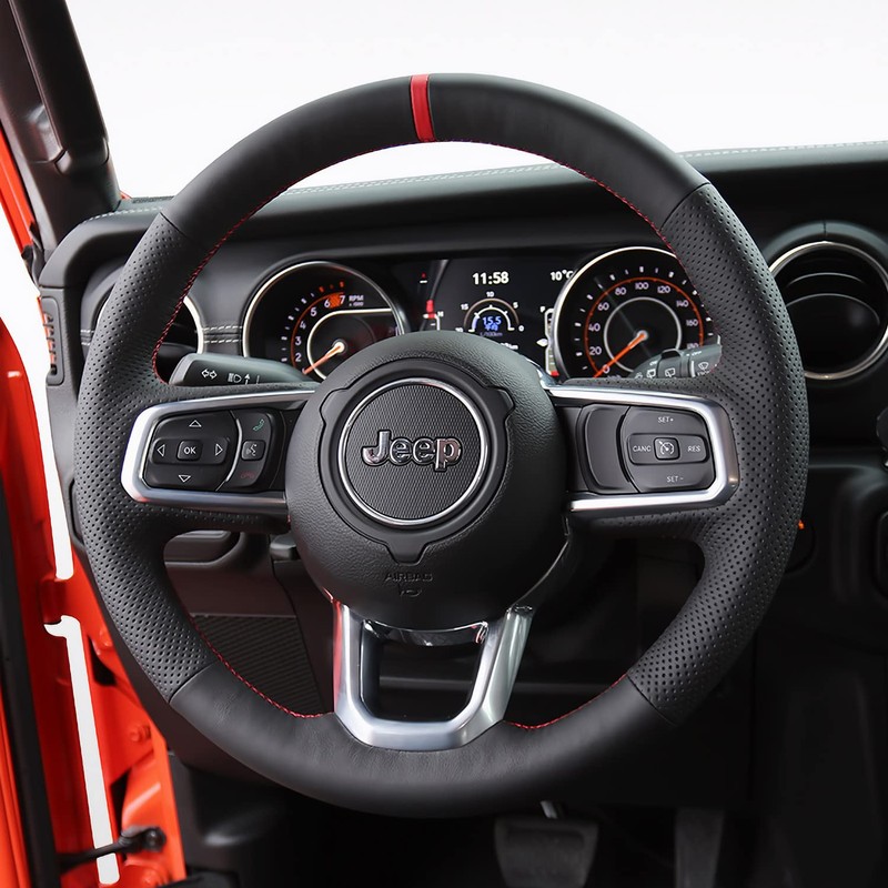Black Side Perforated Leather Red Marker Steering Wheel Protector Cover