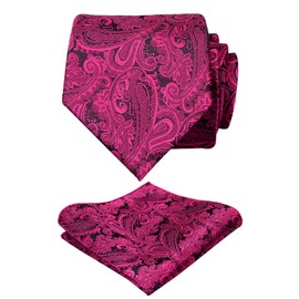 Alizeal Men's Paisley Floral Tie Handkerchief Wedding Woven Necktie Set, Black+Hot pink