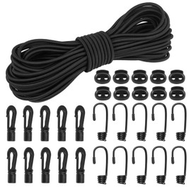 Rubber Cord, 5 mm, 15 m, Waterproof and Wear-Resistant, Elastic Expander Rope, Rubber Cord, Black with 10 Spiral Hooks, 10 Plastic Hooks, 10 Rope Plugs for Trailer Tarpaulin, Camping, Sailing,