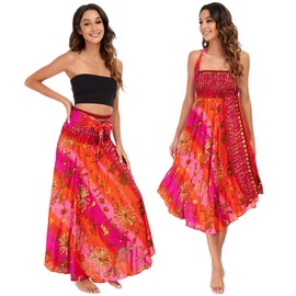 FEOYA Long Bohemian Skirt for Women Maxi Boho Hippie Skirts Halter Gypsy Dresses High Waisted Floral Print 2 in 1 Casual Skirt for Beach Vacation Summer 24 One Size