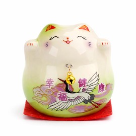 kcrygogo Green Maneki Neko Lucky Cat Figurine, Ceramic Japanese Fortune Cat Statue with Happiness Health Artwork and Red Cushion, Cute Good Luck Desk Shelf Table Decor Gift for Home Office Shop