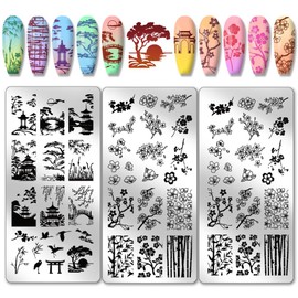 PH PandaHall 3pcs Classic Chinese Garden Nail Art Templates, Ancient Style Nail Stamping Plate Pavilion Plum Blossom Nail Art Stencils Stainless Steel Plates for Nail Design Print Manicure Salon