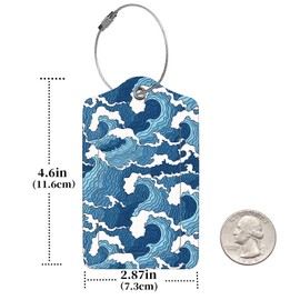 2 Pcs Luggage Tags for Suitcase, Cute Unique PU Leather Travel Bag Tag with Privacy Cover ID Label Address Card and Durable Metal Ring Suitable for Men Women Children Backpack,Sea Wave