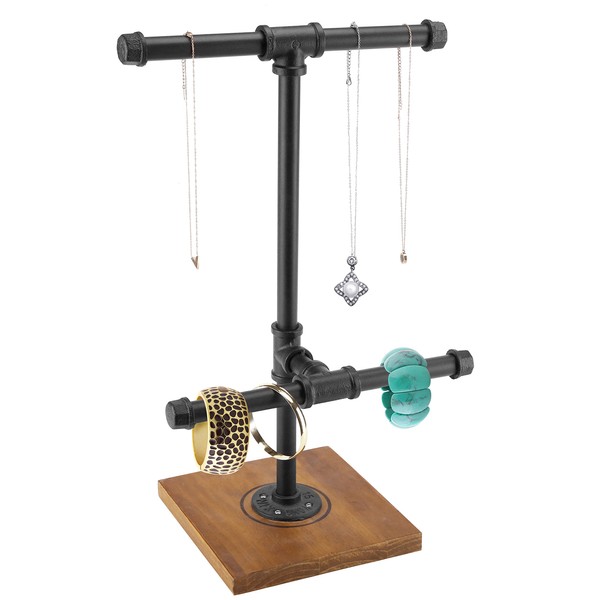 MyGift 2-Tier Industrial Pipe T-Bar Jewelry Organizer - Necklace & Bracelets Display Rack Tower with Black Metal Piping and Burnt Wood Base