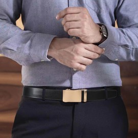 Founders & C Ratchet Belts for Men-Black/Brown Belt Leather 1 3/8" for Casual Dress-Micro Adjustable Belt (Black-Gold Buckle, 32" to 38" Waist Adjustable)