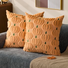DFXSZ Fall Pillow Covers 18x18 Set of 2 Fall Decorations Autumn Light Orange Pumpkin Throw Pillow Cases Soft Plush Faux Fur Wool Couch Cushion Case for Chair Sofa Living Room Home Decor PTK040B18