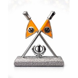BEXCO Nishan Sahib Flag with Khanda Symbol – 4 Inch Sikh Religious Tabletop & Car Dashboard Decor, Silver Finish Metal Statue