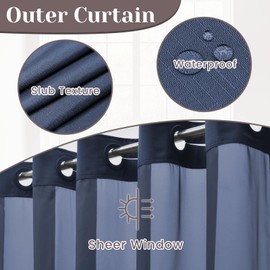 SORTTO No Hook Slub Textured Shower Curtain with Snap in Liner - Navy Fabric Outer Curtain & Waterproof Inner Liner, Hotel Style with See Through Top Window, 71x74 in