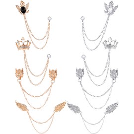 Ofeiyaa 8Pcs Tassel Chain Brooch Collar Pins Wings Wolf Crown Eagle Lapel Pins for Men Vintage Rhinestone Suit Coat Shirt Brooches Pin Accessories for Wedding Gold Sliver Tone