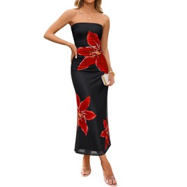 ZESICA Womens Boho Floral Strapless Maxi Dress 2025 Summer Off Shoulder Bodycon Beach Party Long Dresses, Black, Small
