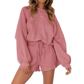 MEROKEETY Women's 2025 Fall Oversized Batwing Sleeve Lounge Sets Casual Top and Shorts 2 Piece Outfits Sweatsuit Pink
