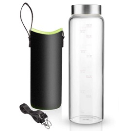 Sursip 32 oz Glass Water Bottle - Nylon Bottle Protection Sleeves, Stainless steel Lid, And 1L Time Marked Measurements, Reusable, Eco-Friendly, Safe for Hot Liquids Tea Coffee Daily