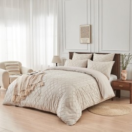 YASMENG Boho Bed Linen 155 x 220 cm Beige Tufted Geometric Checked Bed Linen Boho Modern Aesthetic Bed Linen Soft Microfibre Bed Linen 3-Piece with Zip and 2 Pillowcases 80 x 80 cm