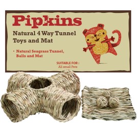 Pipkins 4 Way Natural Grass Tunnel with Sea Grass Balls and Sleeping Mat - Rabbit, Guinea Pig and Hamster Fun Hideaway and Toy Pack