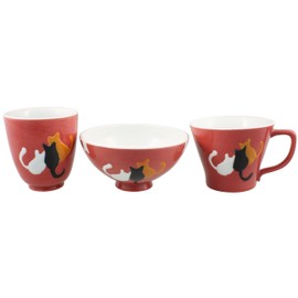 Hasamiyaki 280094 Daishin Kiln Trio Set (Comes in Gift Box), Three Cats, Red