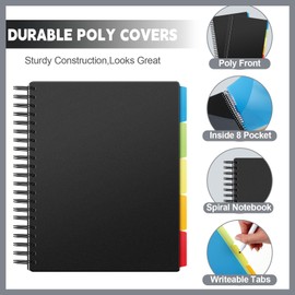 Yeaqee 4 Pack 5 Subject Notebook College Ruled, 400 Pages (200 Sheets) 5 Subject Spiral Notebook 8.5 x 11, Dual Poly Covers, Multi Subject Note Book for School and Office Supplies