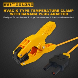 HVAC Temperature Clamp with Banana Plug Adapter, K-Type Thermocouple Clamp Pipe Temperature Clamp for HVAC/Multimeter, Temperature Sensor Probes Measures -40~392℉(-40~200℃)