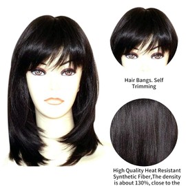 Kalyss 18" Women's Shoulder Length Layers Straight Flat Hair bangs Heat Resistant Black Synthetic Hair Wig