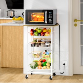 ThreeHio Kitchen Microwave Cart with Fruit Baskets, 5 Tier Microwave Table Stand with Fruit Vegetable Storage Small Rolling Cart on Wheels, Floor Organizers and Storage for Pantry Kitchen, Living Room