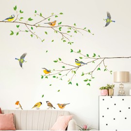 DECOWALL SG-2111 Green Tree Branch Wall Stickers kids Garden Birds Decals removable for Nursery Bedroom Living Room art home decor background decoration