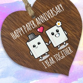 1st Wedding Anniversary Plaque Gift for Husband Wife - 1 Year Together - Happy Paper Anniversary Wooden Heart for Women Men Partner, Dark Wood Sign Keepsake Gifts
