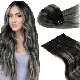 Ombre Clip in Hair Extension Black Hair Extensions Clip in Real Hair 18inch Black to Silver Balayage Clip in Extensions Remy Human Hair 7pcs 120g
