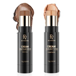 FV 2PCS Contour Stick, Highly Pigmented & Blendable Contour and Highlighter Stick, Long Lasting & Creamy Texture, Waterproof Contour Set for Face Shaping Makeup (02 Mocha & 03 Champagne)