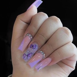 Press on Nails Square Medium Length, Artificial Acrylic Fake Nails with Purple Butterfly Design Full Cover Reusable Coffin Shaped False Nails, DIY Stick on Nails for Women, Glue on Nails for Nail Set