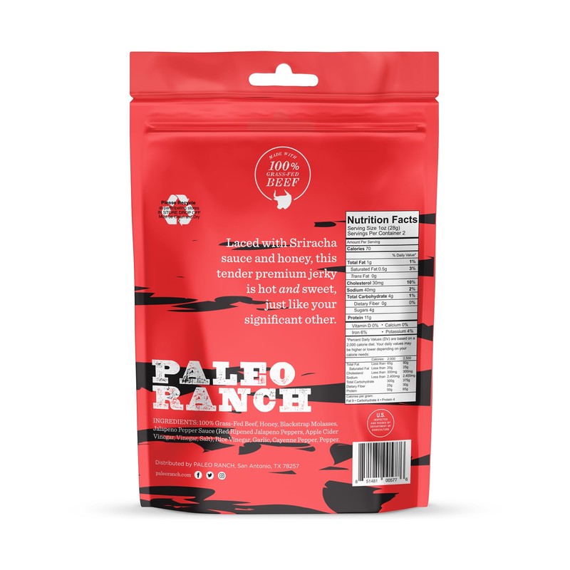 PALEO RANCH Uncured Bacon Jerky, Honey Sriracha, No Added Hormones,