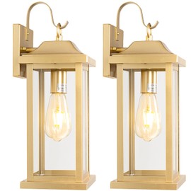 Roravilila 17 Inch Large Gold Outdoor Sconces Wall Lighting 2-Pack, Exterior Light Fixtures IP65 Waterproof Anti-Rust, Brass Porch Lights Clear Glass Outdoor Coach Lanterns Outside Wall Mounted Lamps